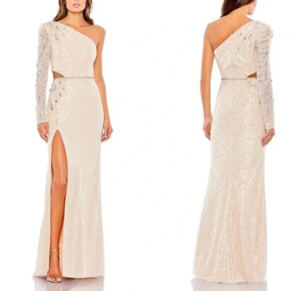 MAC DUGGAL 11306 EMBELLISHED ONE SLEEVE CUTOUT IVORY GOWN sz 6 - Picture 2 of 5